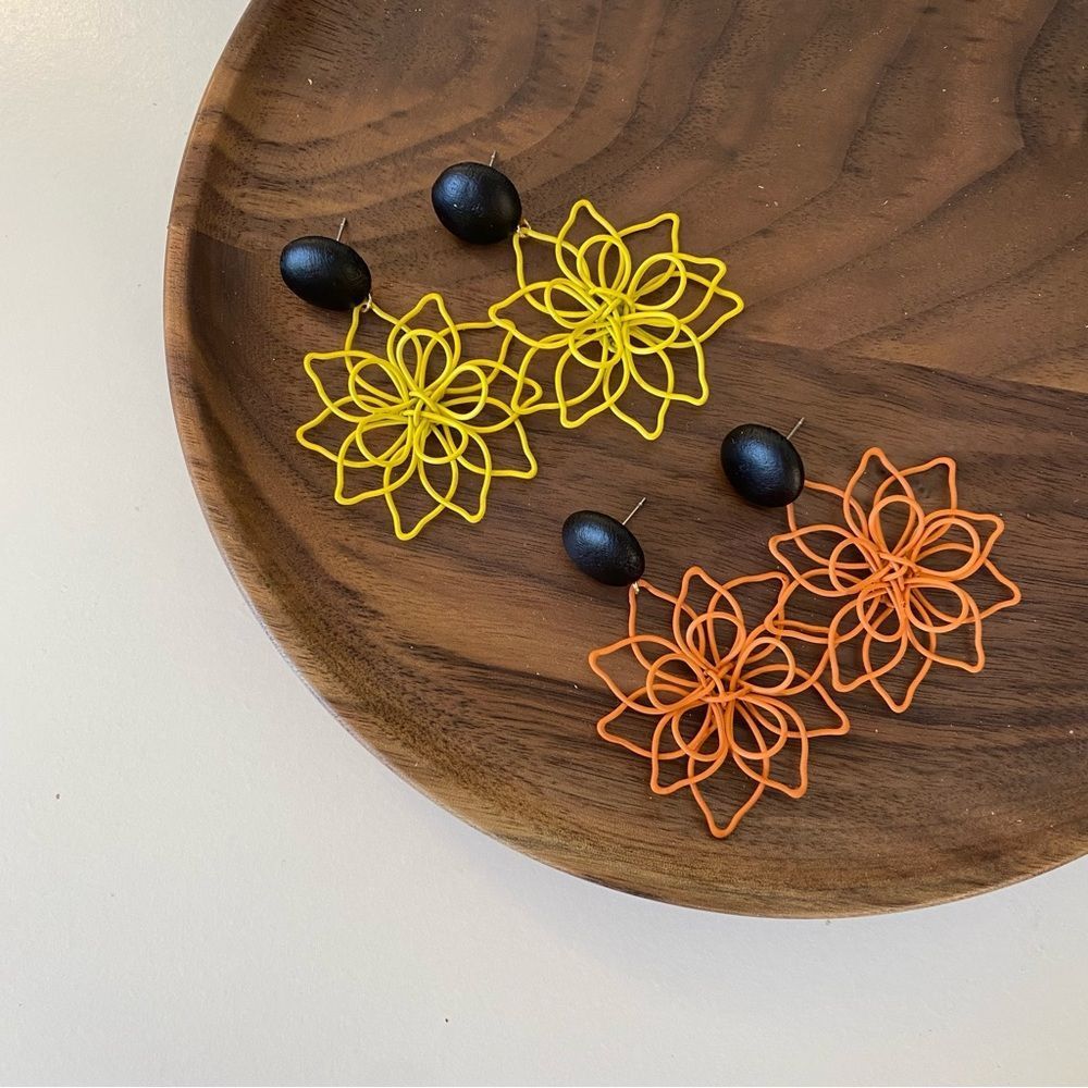 4/$15 Metal Wired Yellow/Orange Blossom Drop Earrings